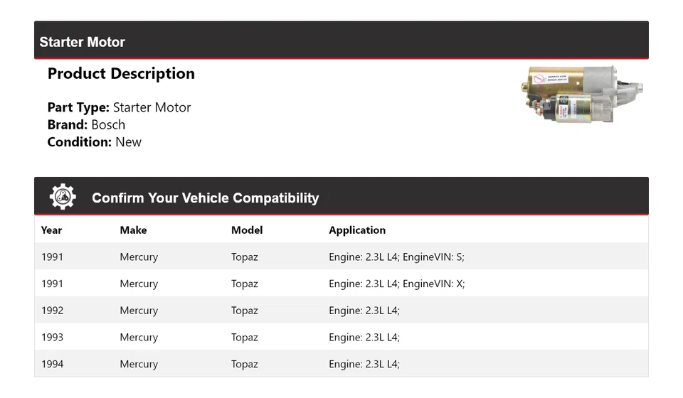 Motor De Arranque Bosch Para 1991-1994 Mercury Topaz 2.3L L4 (Nuevo) 1992 1993 Foto 2 de 4