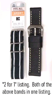 2 for 1 (1 New Black w/White Stitching & 1 Nylon EZ One Piece) 22mm Watch Bands