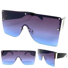 Oversized Modern Retro Shield Style SUNGLASSES Large Big Flat Purple & Blue Lens