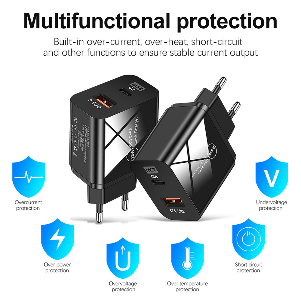 25W QC3.0+PD Dual Port Phone Fast Charging Adapter Smartphone Power