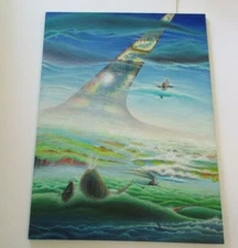LARGE VINTAGE SURREALIST  PAINTING PSYCHEDELIC LANDSCAPE MODERNIST LSD SPACE 