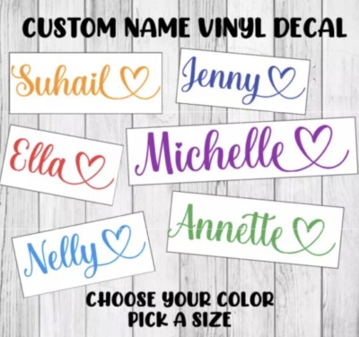 Custom Name  Decal Permanent Vinyl Personalized Sticker Cursive Lettering Heart