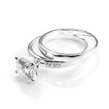 Sterling Silver & CZ Crystal Engagement Wedding Ring & Band Set - Size J-U