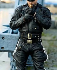 Men's Real Leather Police Uniform Breeches 2 White Stripes Breeches Jodhpurs