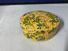 Vtg Lacquered Paper Mache Trinket Box Handmade Kashmir India Yellow Floral -B35