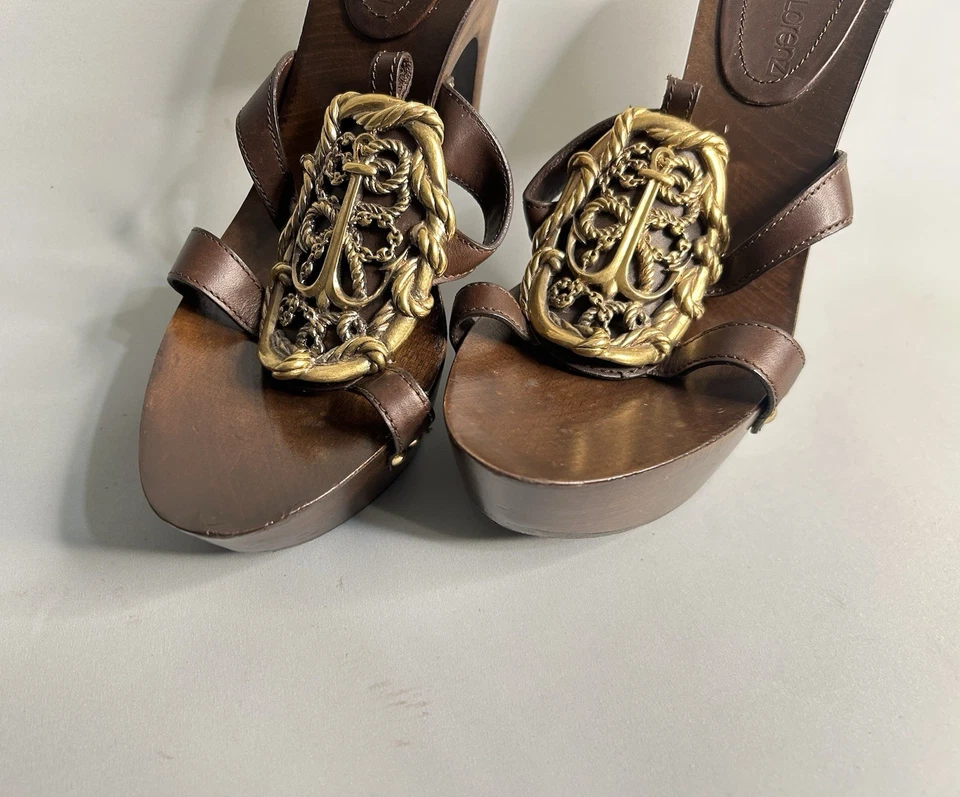 Sandalias Gianmarco Lorenzi Tacones Madera Cuero Marrón Talla 39 EU, 9 US Foto 3 de 4