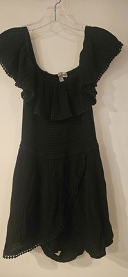  Self Justify Black Off Shoulder Ruffle Romper Large Pom Pom Trim Smocked Boho L
