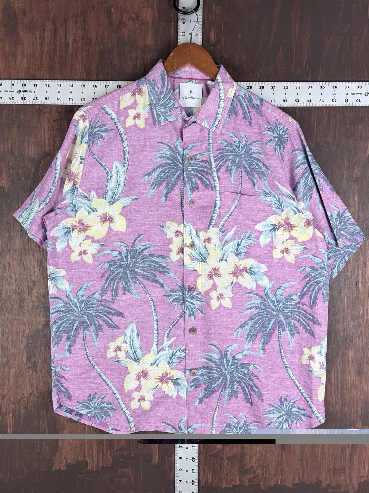 Caribbean Floral Hawaiian Button Up Shirt 60% Linen Short Sleeve Pink Men Large