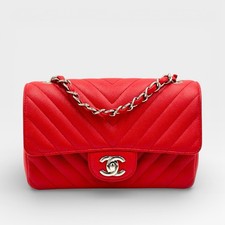 CHANEL Rectangular Flap Mini Caviar Chevron Leather Shoulder Bag Red