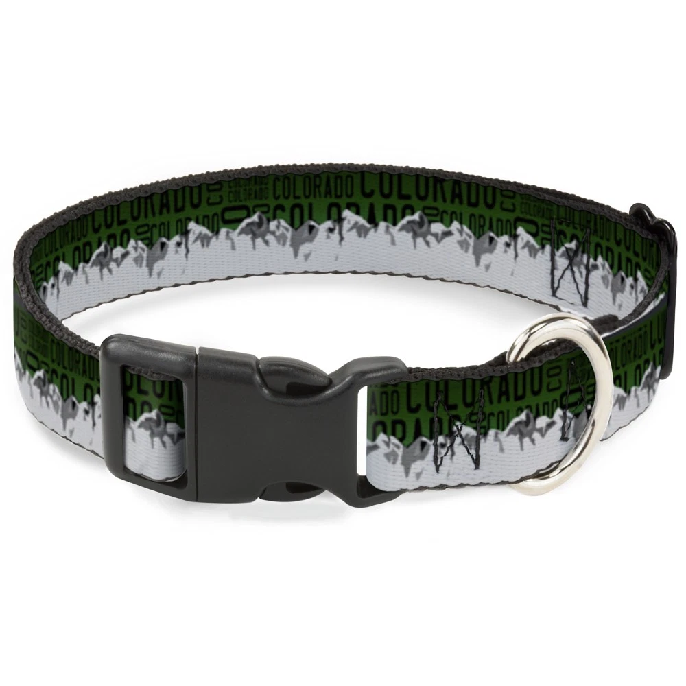 Plastic Clip Collar Colorado Mountains Green/Black Text/Grays Medium 11-16.5"