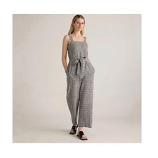 Quince European Linen Square Neck Jumpsuit in Khaki/Black Gingham Medium