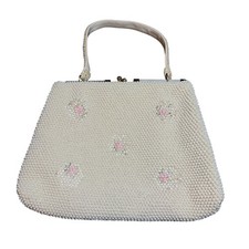Vintage Beaded Handbag Cream Pink Floral Kiss Lock Frame Purse Made in Hong Kong