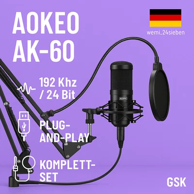 Aokeo USB Mikrofon AK 60 Podcast Set mit Ständer 192kHz 24Bit für PC Streaming