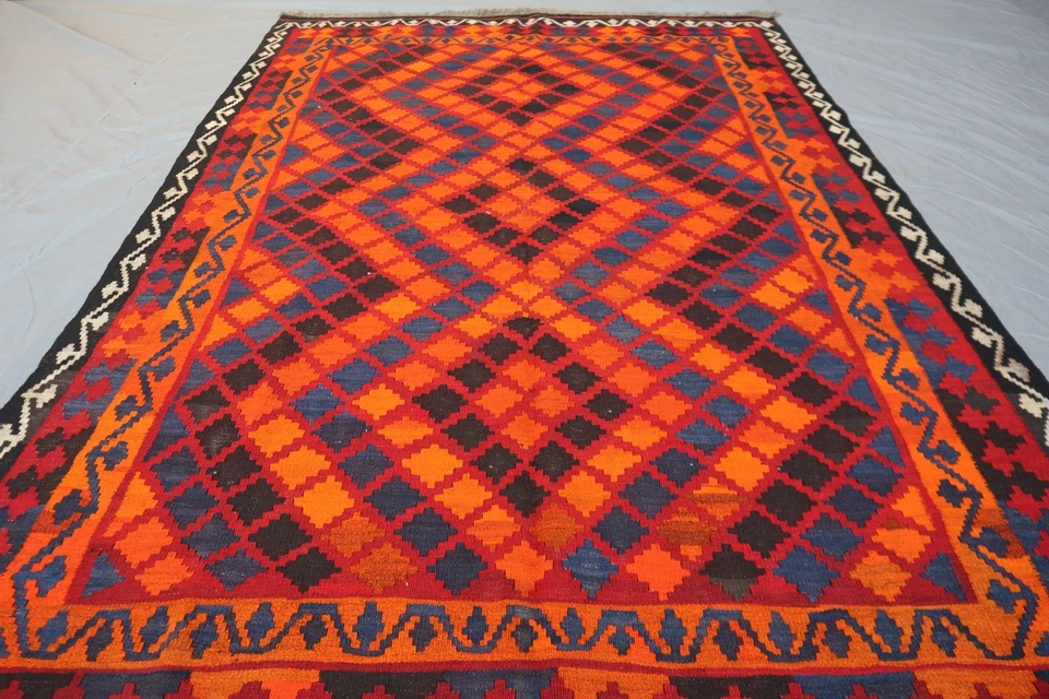 Alfombra Kilim Maimana Afgana 5x8 - Alfombra Patrón Diamante Tribal Naranja Brillante y Azul Marino Foto 3 de 4