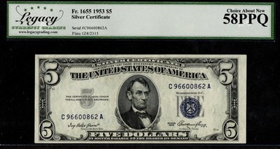 $5 1953 Silver Cert Fr. 1655 FIVE DOLLAR BLUE SEAL C-A Block LCGS Abt New 58PPQ
