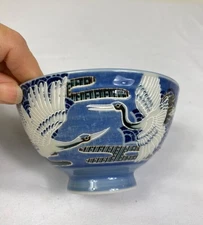 Mino ware Japanese Ceramics Rice Bowls (2)  Flying Crane Blue made in Japan