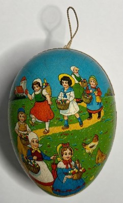Antique German Litho Paper Mache Easter Egg Candy Container Dresden Lace 4.5''