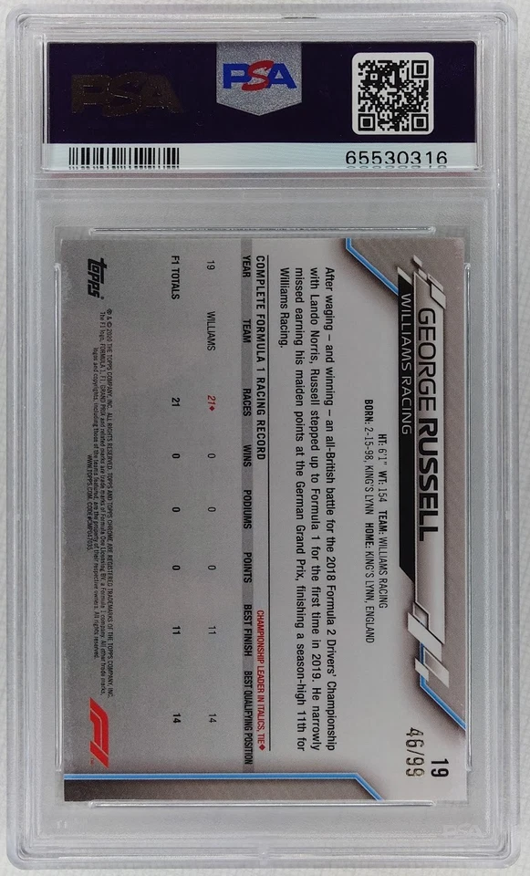 2020 Topps Chrome Formula 1 F1 Sapphire George Russell Aqua SP /99 #19 PSA 8 - Image 2 of 2