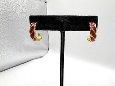 Gold Tone Red Enamel Braided Half Hoop Pierced Earrings