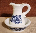 Vintage 1970's Avon Delft Blue Flowers Pitcher And Bowl White Milk Glass Set