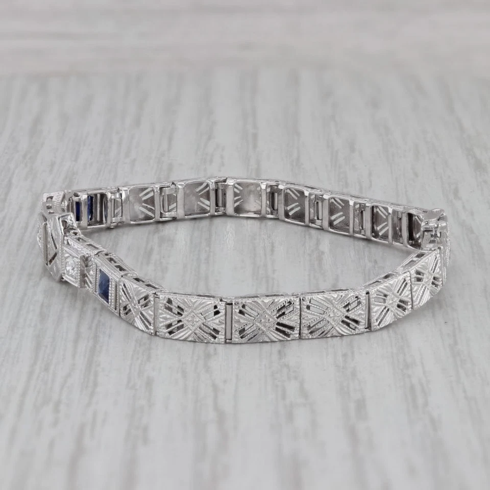 Art Deco 0.52ctw Diamond Lab Created Sapphire Bracelet 14k White Gold Platinum - Image 2 of 4