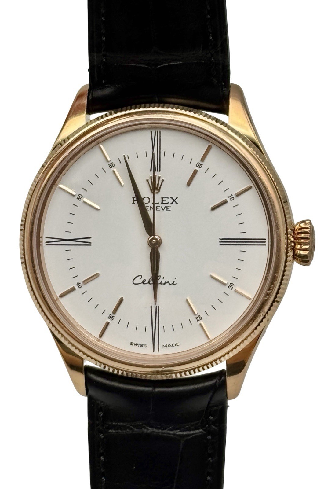 Rolex Cellini 18K Rose Gold White Dial Black Strap Ref. 50505 39 mm Watch