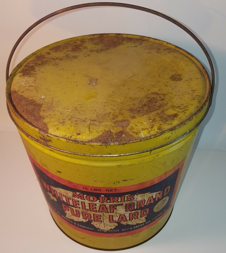 Vintage Morris Whiteleaf Brand Pure Lard 16 lbs. Empty Tin-Can w/Lid & Handle - Picture 2 of 5