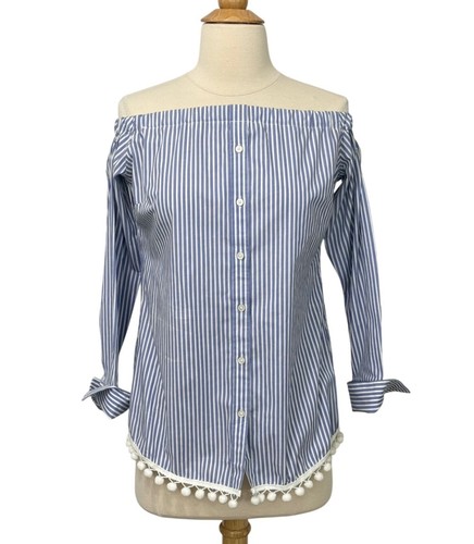 Kate McHale Jensen Striped Off Shoulder Shirt Pom-Pom Trim Blue White Size XS - Picture 7 of 7