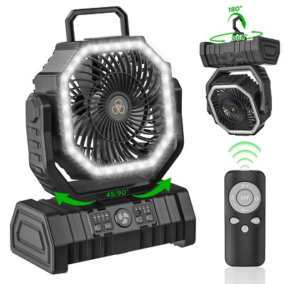 20000mAh 60hrs  Rechargeable Automatic Oscillating Camping Fan with LED and Hook