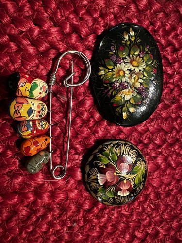 Three hand-painted Russian brooches or pins