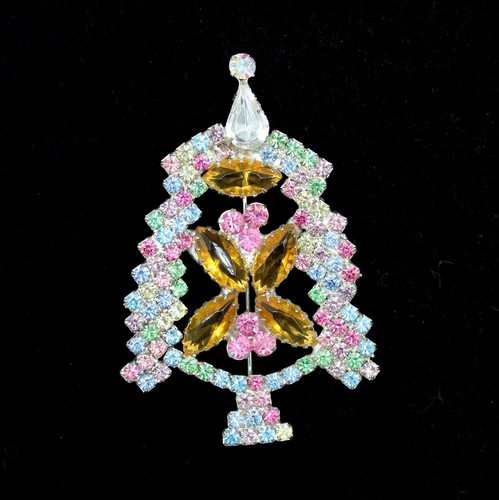 Vtg RON Rhinestone Christmas Tree Brooch Pin 1950s Pastel Crystal Large Austrian - 第 1/5 張圖片