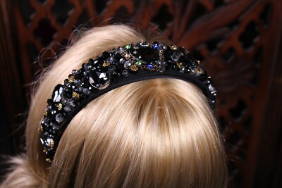 Embellished Heart and Teardrop Crystal Beaded Headband Black  display picture 2