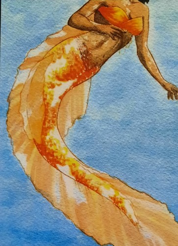 5x7 Orange Meerjungfrau Foto Aquarell Zeichnung - Bild 4 von 6
