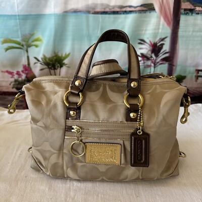 Coach Poppy Signature Sateen Lurex Satchel Handbag Gold Bronze
