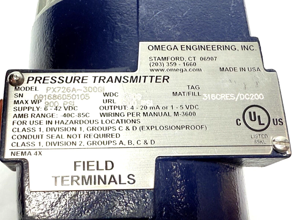 Omega Engineering PX726A-300GI Pressure Transmitter 0-50 to 0-300 psig 900 psi - Image 3 of 4