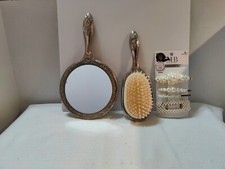 Vtg 2Pc Vanity Set Hand Mirror Brush Silver Plated Rose Scroll And Barrettes