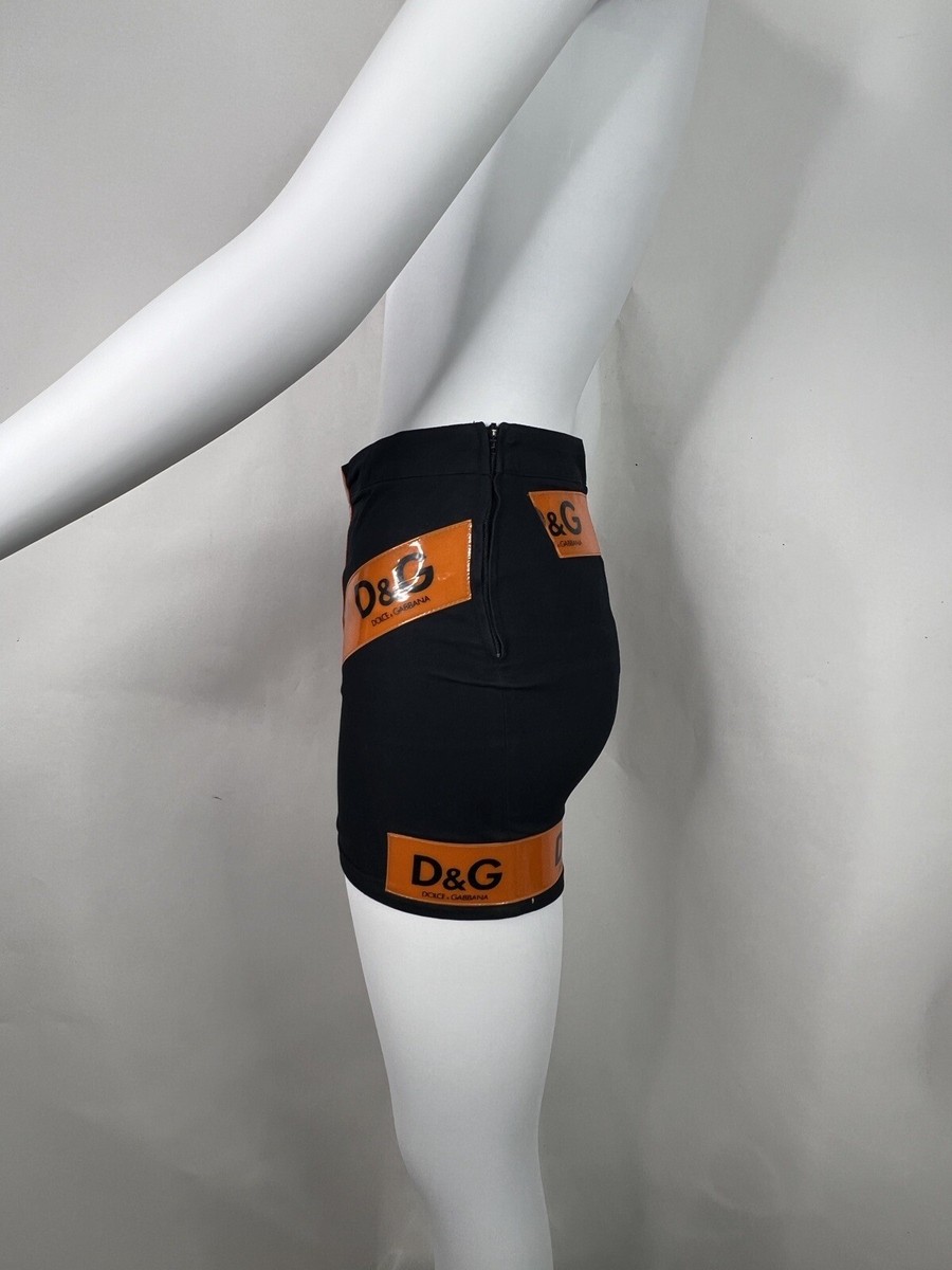 Vtg DOLCE & GABBANA D&G SS2004 BLACK ORANGE LOGO TAPE MINI SKIRT