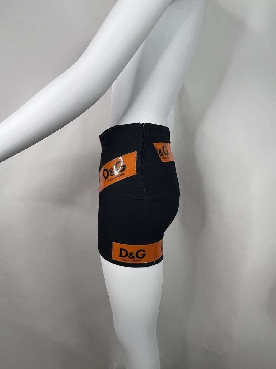 VTG DOLCE GABBANA D G SS2004 BLACK ORANGE LOGO TAPE MINI SKIRT