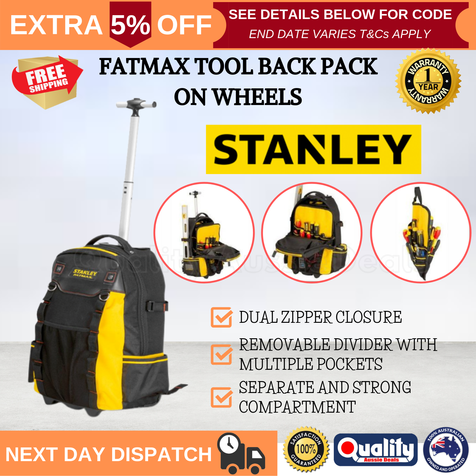 Stanley Tool Bag Back Pack On Wheels Dual Zipper Storage Trolley