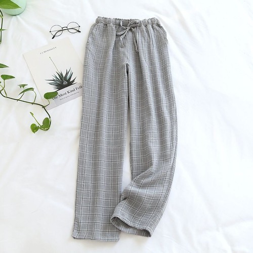 Large Size Home Pants - Japanese Spring Couples Cotton Crepe Cloth Plaid Trouser - Picture 4 of 19