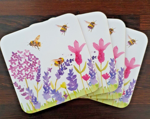 Set of 4 Lavender & Bees Floral Coasters Cup Mug Glass Table Drink Mats 10cm - Picture 4 of 6