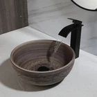 14" Round Bathroom Ceramic Vessel Sink Basin Bowl Combos Black Faucet Drain Set