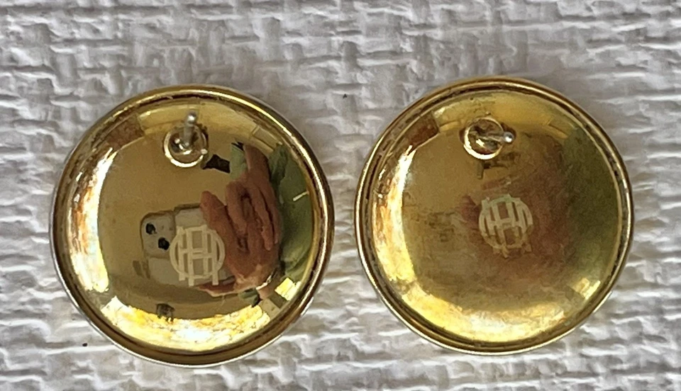 Pendientes House of Harlow Sunburst Botón Tostado Taupe Beige Cuero Tono Dorado Firmado Foto 3 de 4