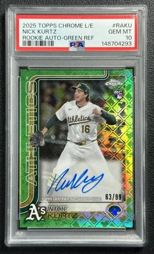 NICK KURTZ PSA 10 2025 TOPPS CHROME LOGOFRACTOR ROOKIE AUTO GREEN REFRACTOR /99