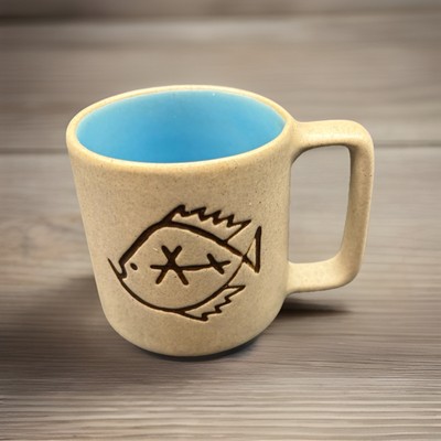 Vintage Pigeon Forge Pottery Ceramic Mug W/Fish Design on Outside Blue Inside