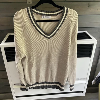 Brunello Cucinelli V-Neck Sweater Men XL Beige Luxury Knit Pullover