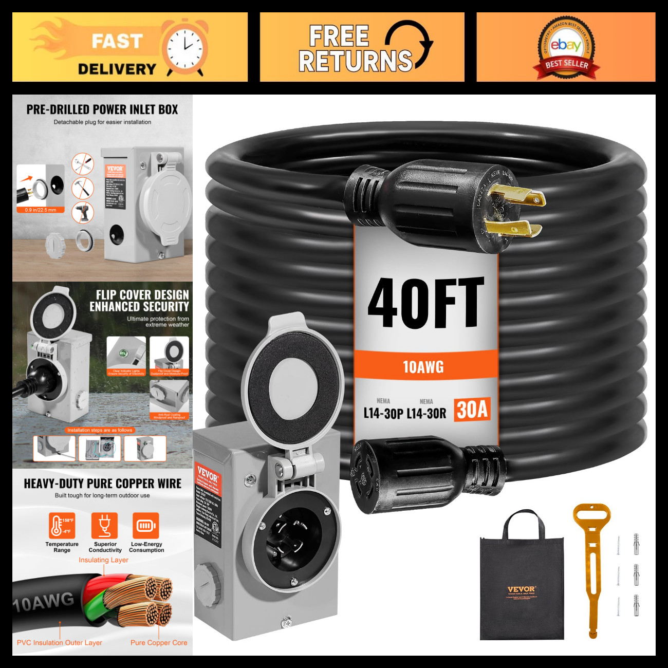 30 Amp Generator Cord & Power Inlet Box Kit, 40FT L14-30P/L14-30R, Heavy Duty
