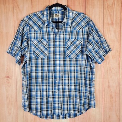Ely Cattleman Mens Shirt Sz XL Blue White Plaid Pockets Short Sleeve Button Up