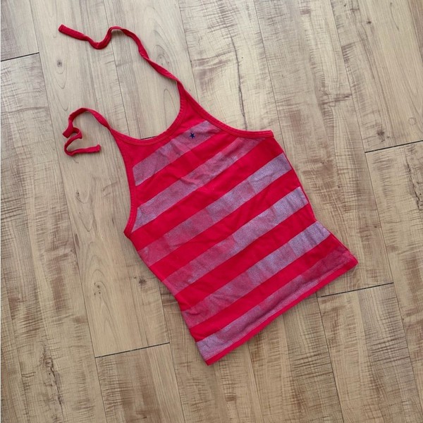 Vintage Red Striped Blue Star Halter Stretch Cotton Top