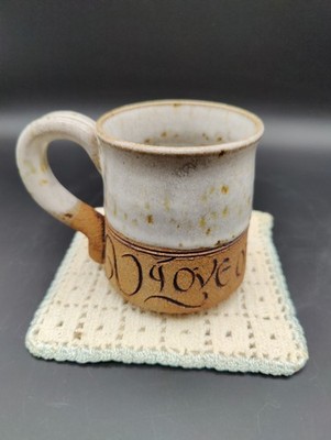 Art Studio Pottery Mug, ''Love One Another'' Gray And Speckled Brown